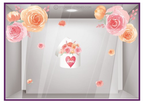 Kit de stickers boîte de roses et fleurs géantes Saint-Valentin fleuriste mode lettrage adhésif vitrophanie printemps vitrine