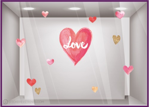 Sticker Coeurs Love aquarelle pour décoration de vitrine St Valentin