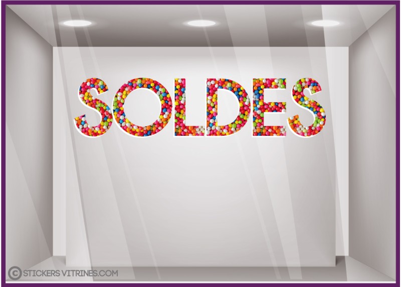 STICKER SOLDES BONBONS VITROPHANIE DESTOCKAGE BRADERIE VITRINE MAGASIN BOUTIQUE FOURNISSEUR IMPRIMEUR LETTRAGE