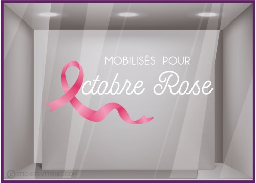 STICKER MOBILISES POUR OCTOBRE ROSE RUBAN VITRINE MAGASIN PHARMACIE CANCER DU SEIN