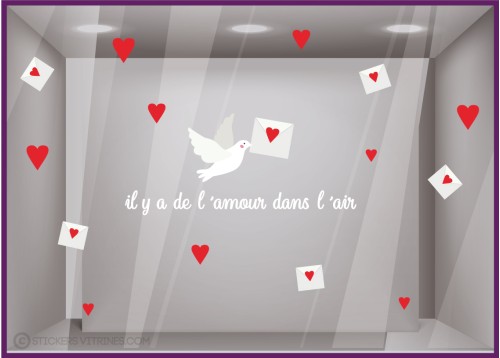 STICKER SAINT VALENTIN LETTRE COLOMBE IL Y A DE L AMOUR DANS L AIR VITROPHANIE MAGASIN IDEE DECORATION