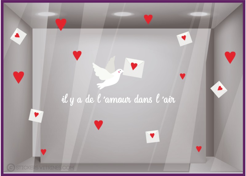 STICKER SAINT VALENTIN LETTRE COLOMBE IL Y A DE L AMOUR DANS L AIR VITROPHANIE MAGASIN IDEE DECORATION