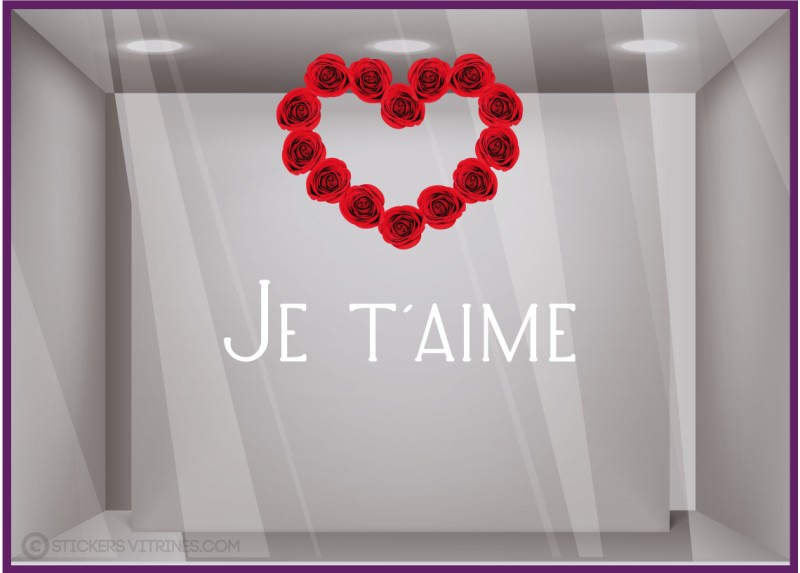 STICKER SAINT VALENTIN JE T'AIME ROSE VITROPHANIE VITRINE MAGASIN BOUTIQUE FOURNISSEUR IDEE DECORATION SIGNALETIQUE